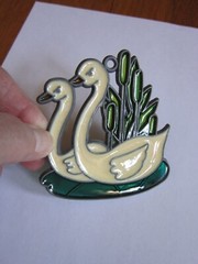 Two Swans In Love Vintage Stained Glass Sun Catcher Window Hanging Cattails 3″