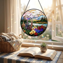 Stained Glass Window Hanging Suncatcher – Wildflower Mountain Sunrise Glass P…