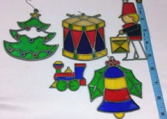 Lot Of VINTAGE SUNCATCHERS Christmas Tree, Soldier, Drum, Bell, Train