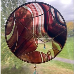 Vtg Stained Glass spider web red swirl Hanging Suncatcher Handmade 7″ goth