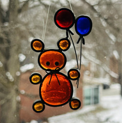 Vintage Stained-Glass Bear with Balloons Suncatcher
