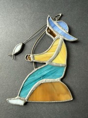 Vintage Stained Glass Fisherman Suncatcher Ornament Coastal Metal Frame 5”