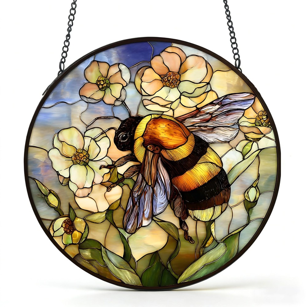 Stained Glass Window Hanging Bee Wildflowers, Sun Catcher Bumble Bee, Stained…