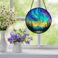 Stunning Aurora Borealis Stained Glass Suncatcher Window Hanging Art Home Decor