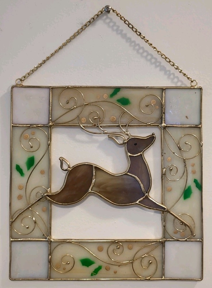 Vintage Stained Glass Christmas Reindeer Hanging Window Decoration 8″ Gold