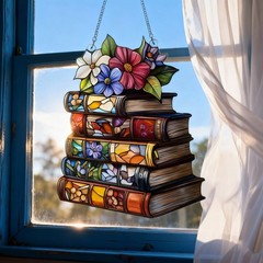 Book Lover Acrylic SuncatcheBookr Stacked Books with Flowers Window Hanging Gift