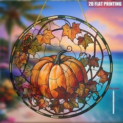 SET OF 2 – 2D Flat Acrylic 3 Pumpkins/ Squirrel hanging catcher 7.8″ Round