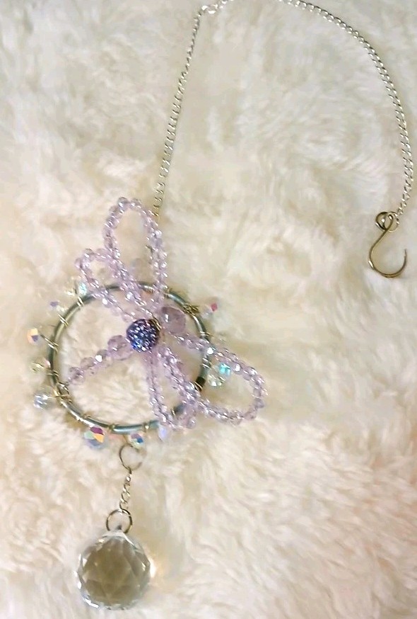 Hanging Silver Clear Purple Beaded Dragonfly Crystal Pendant Suncatcher Ornament