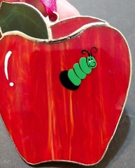 Vintage Red Apple with Green Worm Stained Glass Suncatcher