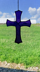 Vintage Purple Stained Glass Cross Suncatcher Christian Window Hanging