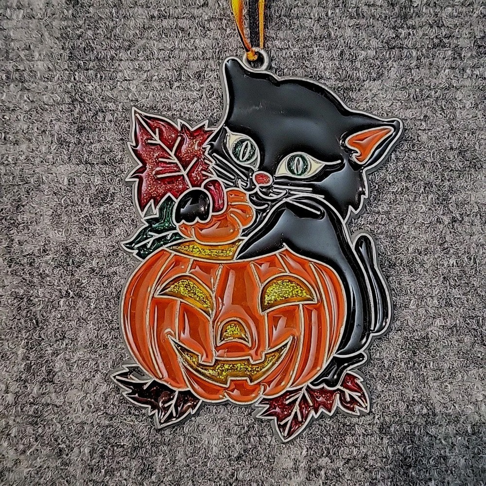 Vintage Halloween Suncatcher Black Cat Pumpkin Glass Window Decor Jack o Lantern