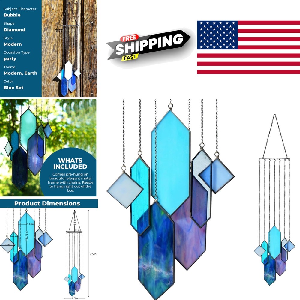Stained Glass Suncatcher Wall Art in Blue Diamond Shape for Home Decor