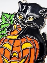 Vtg Suncatcher Stained Glass halloween Black Cat Pumpkin window decor 6″