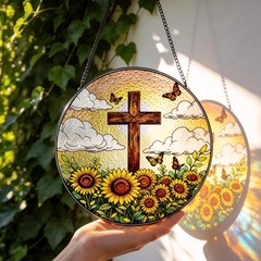 8″ Stained Glass Cross Suncatcher with Sunflower & Butterfly for Women Gifts