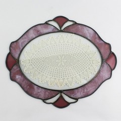 Oval Stained Glass Suncatcher W/ Crocheted Doily Window Hanging 15.5″ Wide