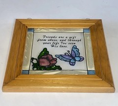 Vintage Friendship Butterfly Faux Stained Glass Wood Framed Suncatcher 8.5×9.5″