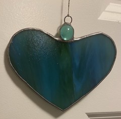 Handmade 4” Heart Shaped Blue/Green Glass Suncatcher Ornament With Hanger