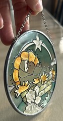 Vintage Stained Glass Sun Catcher Nativity Baby Jesus Manger Star 4.5” Hanging