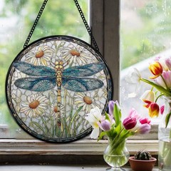 Dragonfly Suncatcher Stained Glass Window Hanging, Dragonfly Flower Sun Catch…