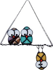 Multicolor Owls on a Wire High Stained Glass Suncatcher Panel Bird for Windows