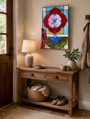 STAINED GASS CLOCK, Red & Pink Rose, 17″x11″ Hand Made/Sun Catcher