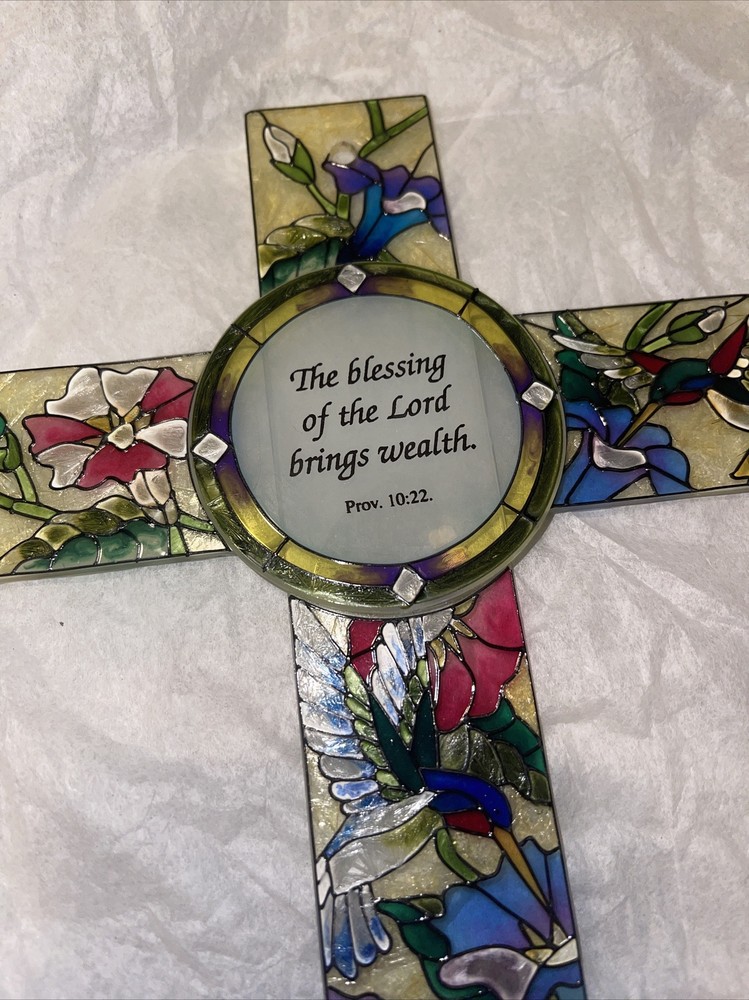 Amia Hand Painted Stained Glass Cross Suncatcher Flowers Birds Bible Verse -I