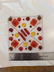 Pretty Fused Glass Sun Catcher In Red Orange And Yellow 6” Square