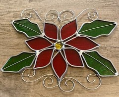 Vintage Handmade Poinsettia Stained Glass Sun Catcher 8x6in