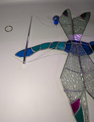 Dragonfly Stained Glass hanging 3D Art Soldered Hinged Wings 14″ Span Blue Green