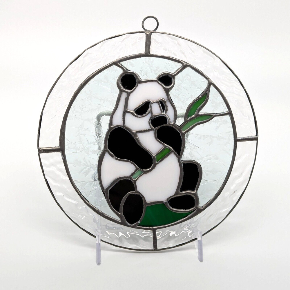 Sun Catcher Panda Bear Eating Bamboo Leaded Stained Glass 7″ Handmade