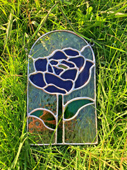 Blue Rose Flower Stained Glass Suncatcher Panel Authentic Handmade Glass Gift