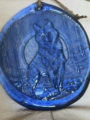 LARGE BLUE GLASS SUN CATCHER OF A WOLF IN THE FOREST