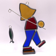 Vintage Stained Glass Suncatcher Fisherman Boy with Fishing Pole Cabin Decor 5″