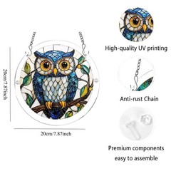 Blue Owl Branch Green Leaf Stained Acrylic Puzzle Suncatcher Window Decor