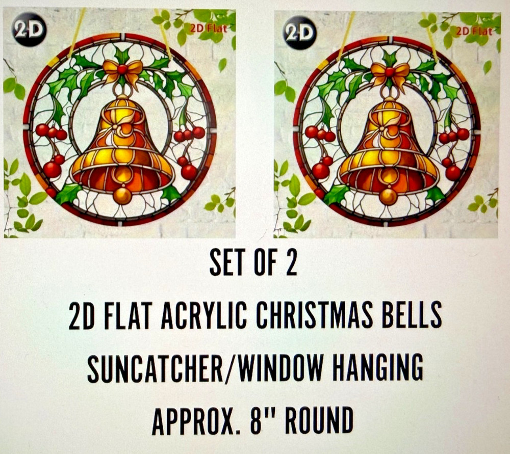 SET OF 2 – 2D Flat Acrylic Vintage Bells Sun catcher 7.8″ Round Window Decor