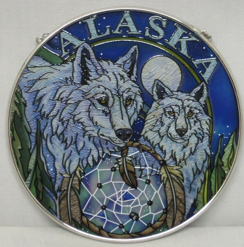 Amia Alaska Wolf Hand-Painted Glass Suncatcher, 4-1/2″ 7584