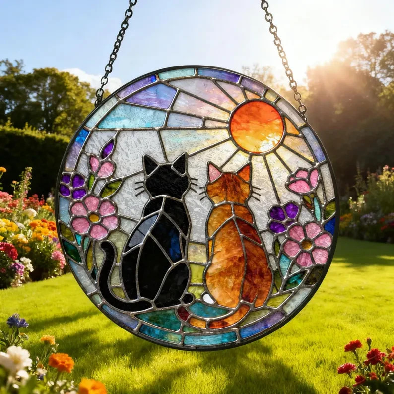 Charming Black Orange Cat Couple Garden Suncatcher Stained Glass Window Hanging