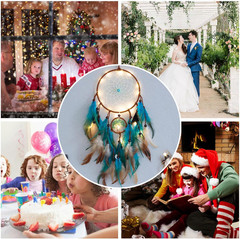 Dream Catcher Blue Tree of Life with Feathers, Mobile LED Fairy Lights Handmade
