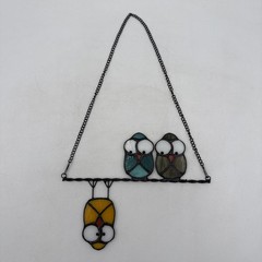 Whimsical Multicolor Birds on a Wire Stained Glass Suncatcher Window Hanging.