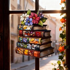 Book Lover Acrylic SuncatcheBookr Stacked Books with Flowers Window Hanging Gift