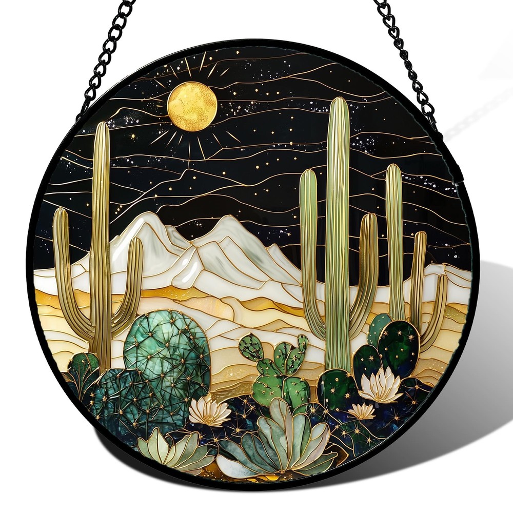 Stained Glass Window Hanging, Black and White Golden Cactus Nature Suncatcher…