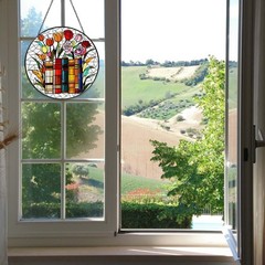 Flower Book Stained Glass Window Hanging 9.8” Sun Catcher for Home Decor