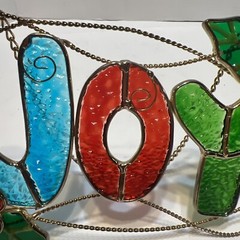 VTG Stained Resin Glass Christmas Joy Holly Berry Hanging Window Suncatcher 10”