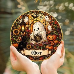 Personalized Cute Ghost Halloween Stained Glass Suncatcher, Family Keepsake