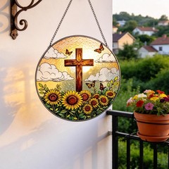 8″ Stained Glass Cross Suncatcher with Sunflower & Butterfly for Women Gifts