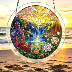 Classic Waterfall Floral Sunset Round Acrylic Puzzle Suncatcher Wall Hanging