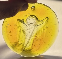 Round 3D Embossed Amber Art Glass Guardian Angel Ornament Suncatcher Yellow