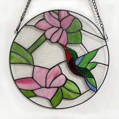 Handcrafted Stained Glass Panel Hummingbird Flower Window Decor Suncatcher Art