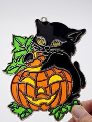 Vtg Suncatcher Stained Glass halloween Black Cat Pumpkin window decor 6″