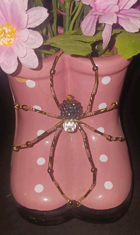 Handcrafted Pink Brown Spider Beaded Hanging Ornament Halloween suncatcher